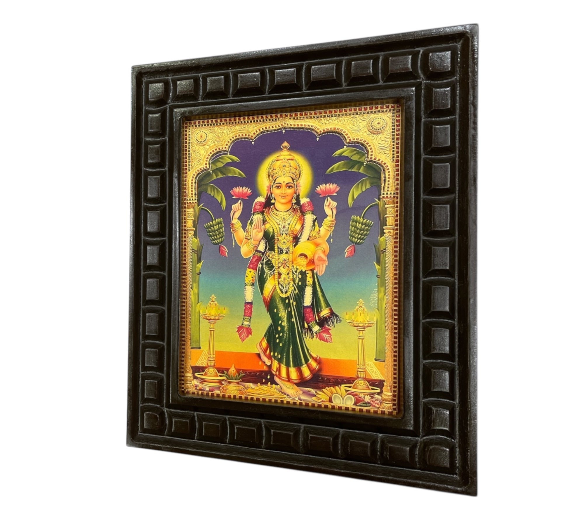 Griha Lakshmi Gold Leafed artwork in wooden frame.