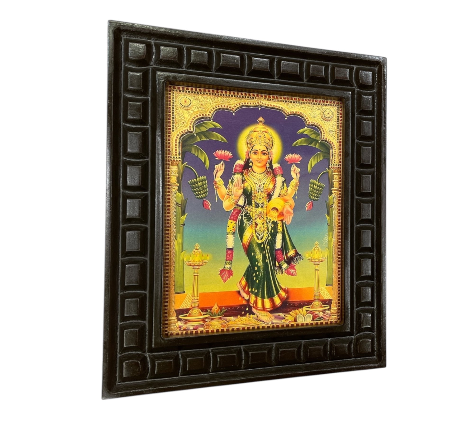 Griha Lakshmi Gold Leafed artwork in wooden frame.