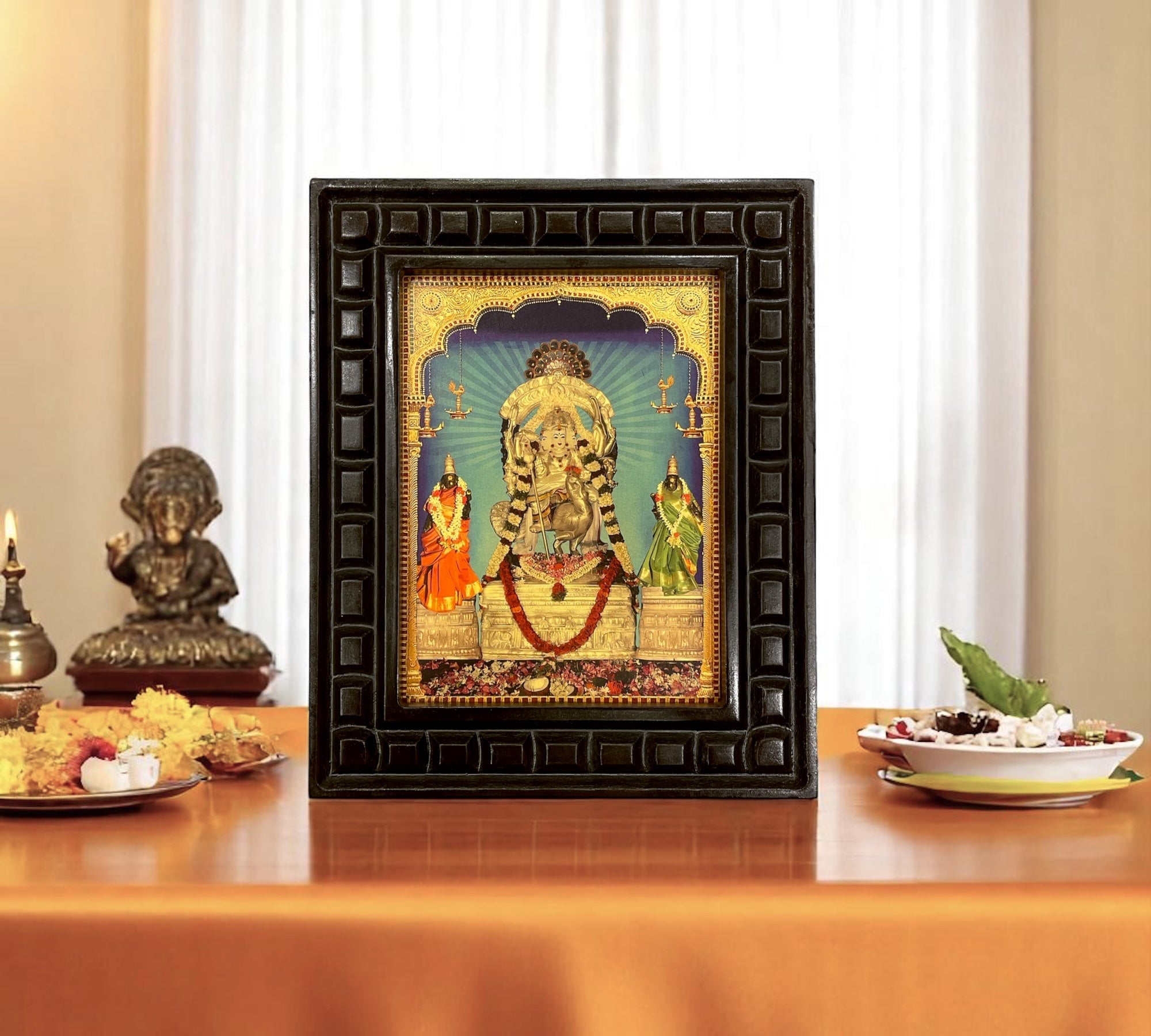 Ettikudi Murugan Gold leafed artwork in wooden frame
