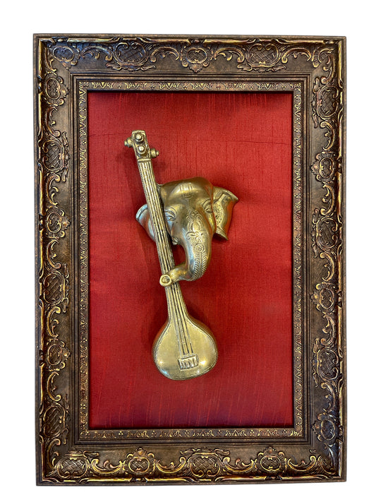Vidya Ganapathi Brass with wine red silk in Moulded frame