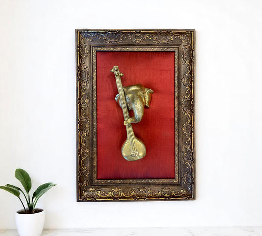 Vidya Ganapathi Brass with wine red silk in Moulded frame