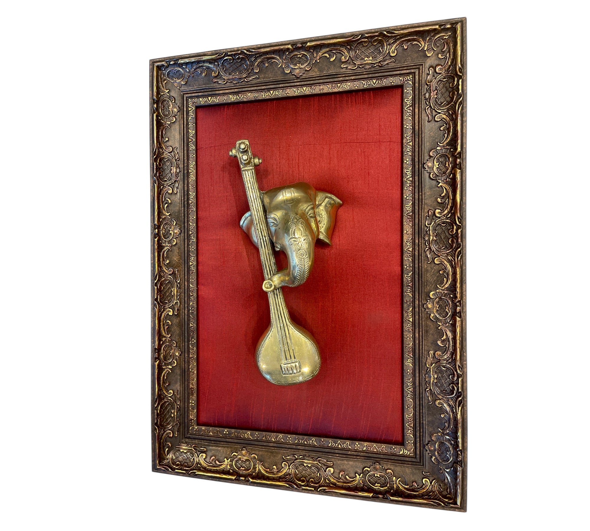 Vidya Ganapathi Brass with wine red silk in Moulded frame