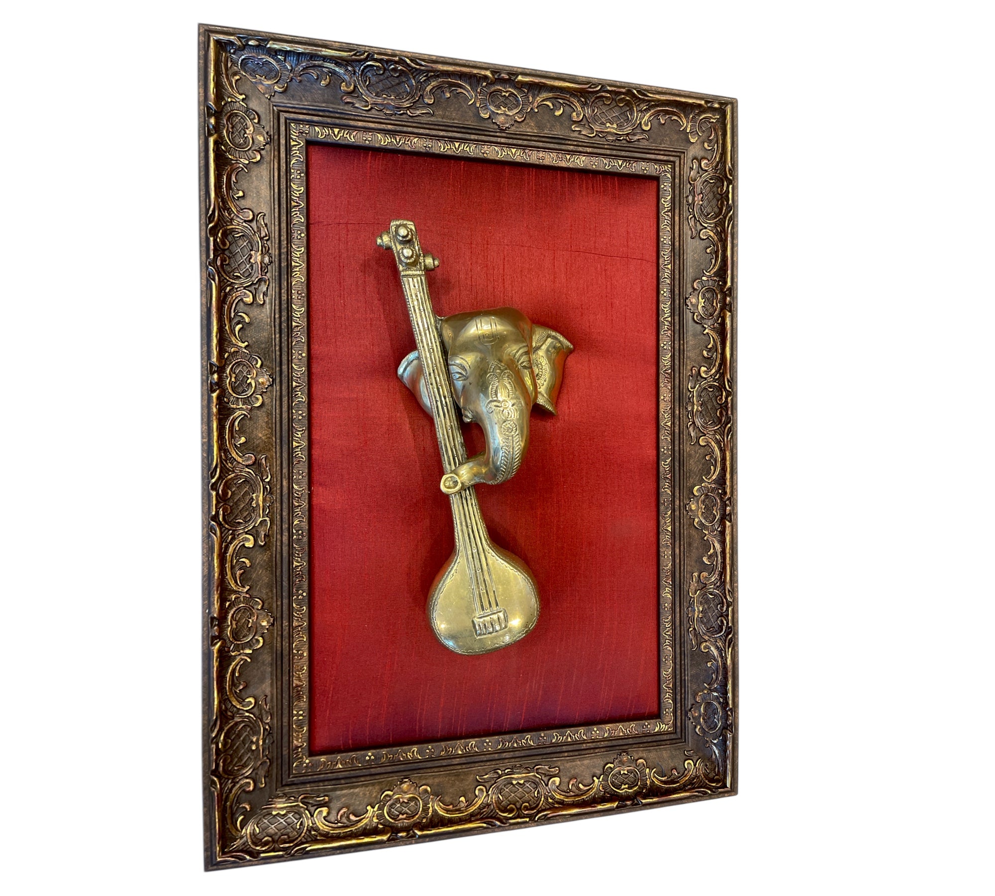 Vidya Ganapathi Brass with wine red silk in Moulded frame