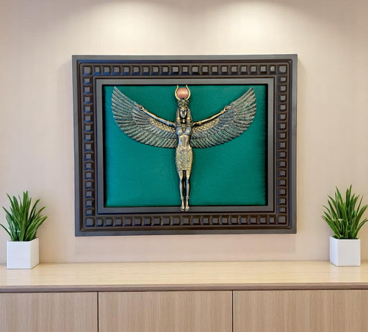 Egyptian wall art Isis on Dark Green Silk Symbol of Fertility with Ornate Wooden Frame