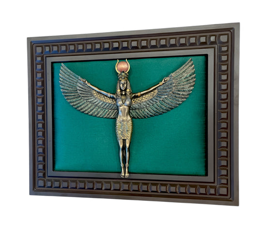 Egyptian wall art Isis on Dark Green Silk Symbol of Fertility with Ornate Wooden Frame