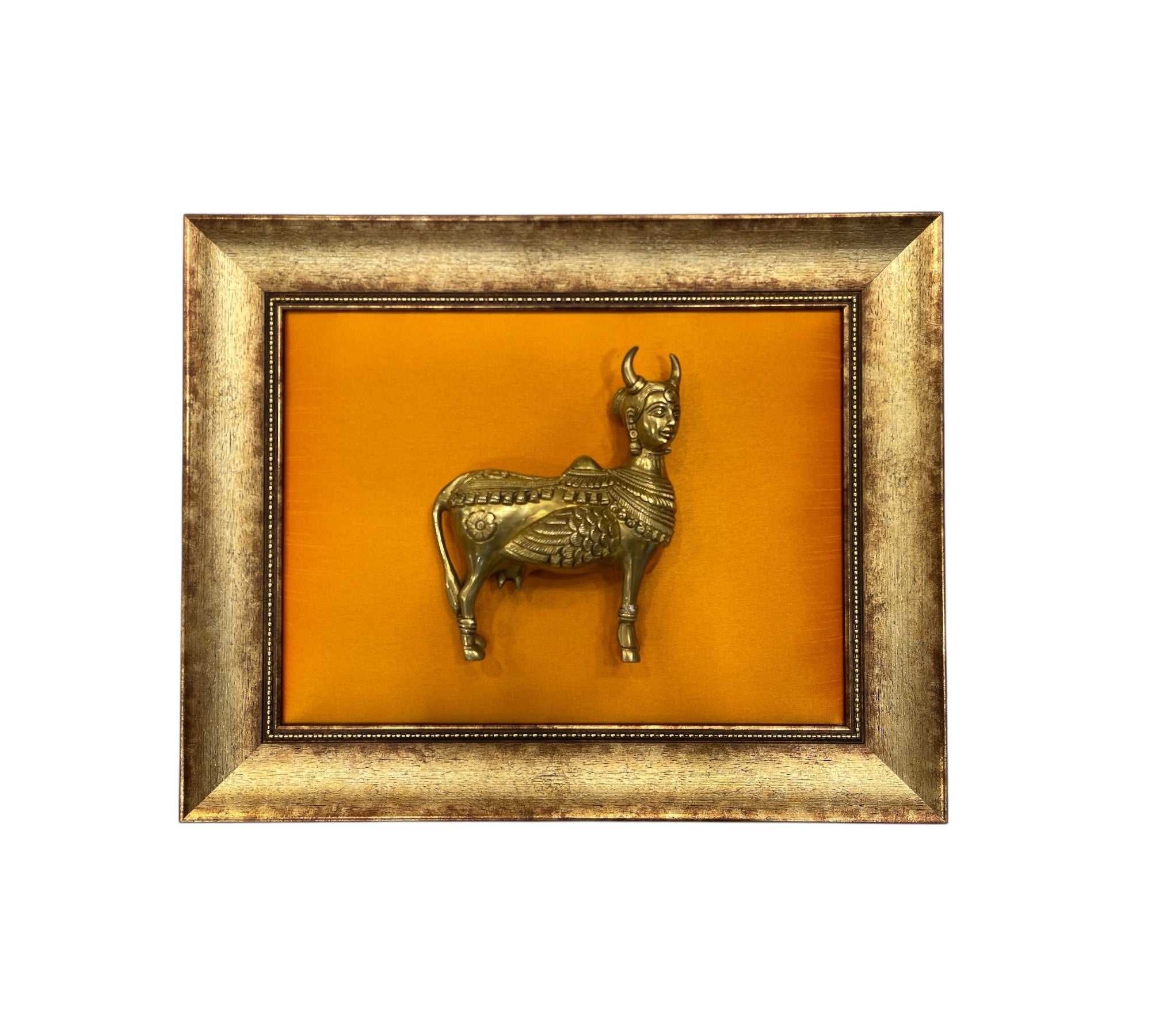 Kamadhenu Brass with Golden silk in moulded frame