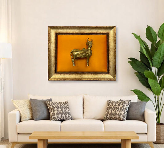 Kamadhenu Brass with Golden silk in moulded frame