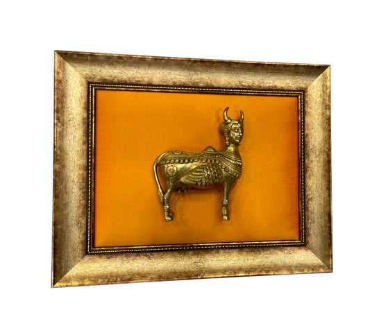 Kamadhenu Brass with Golden silk in moulded frame