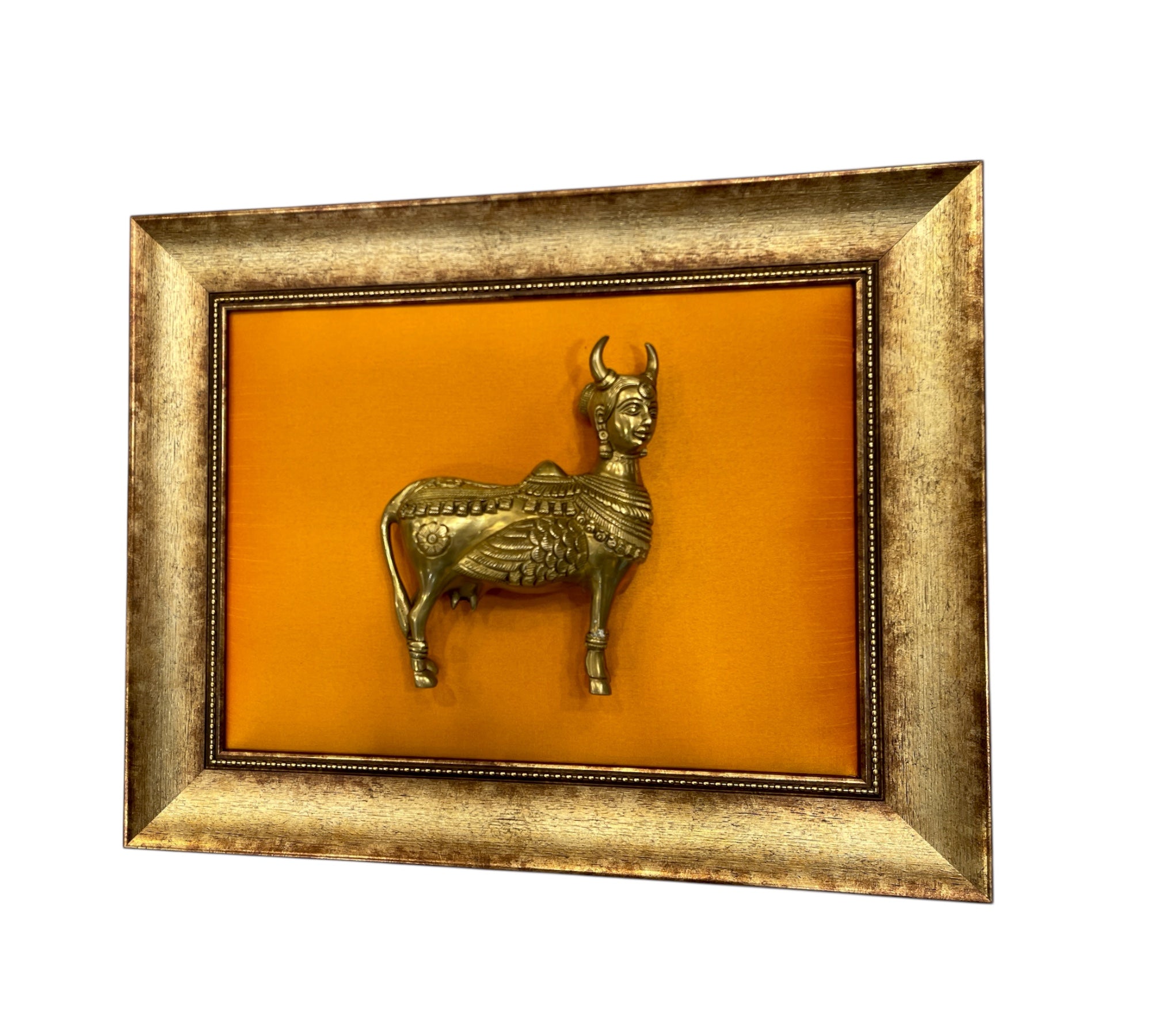 Kamadhenu Brass with Golden silk in moulded frame