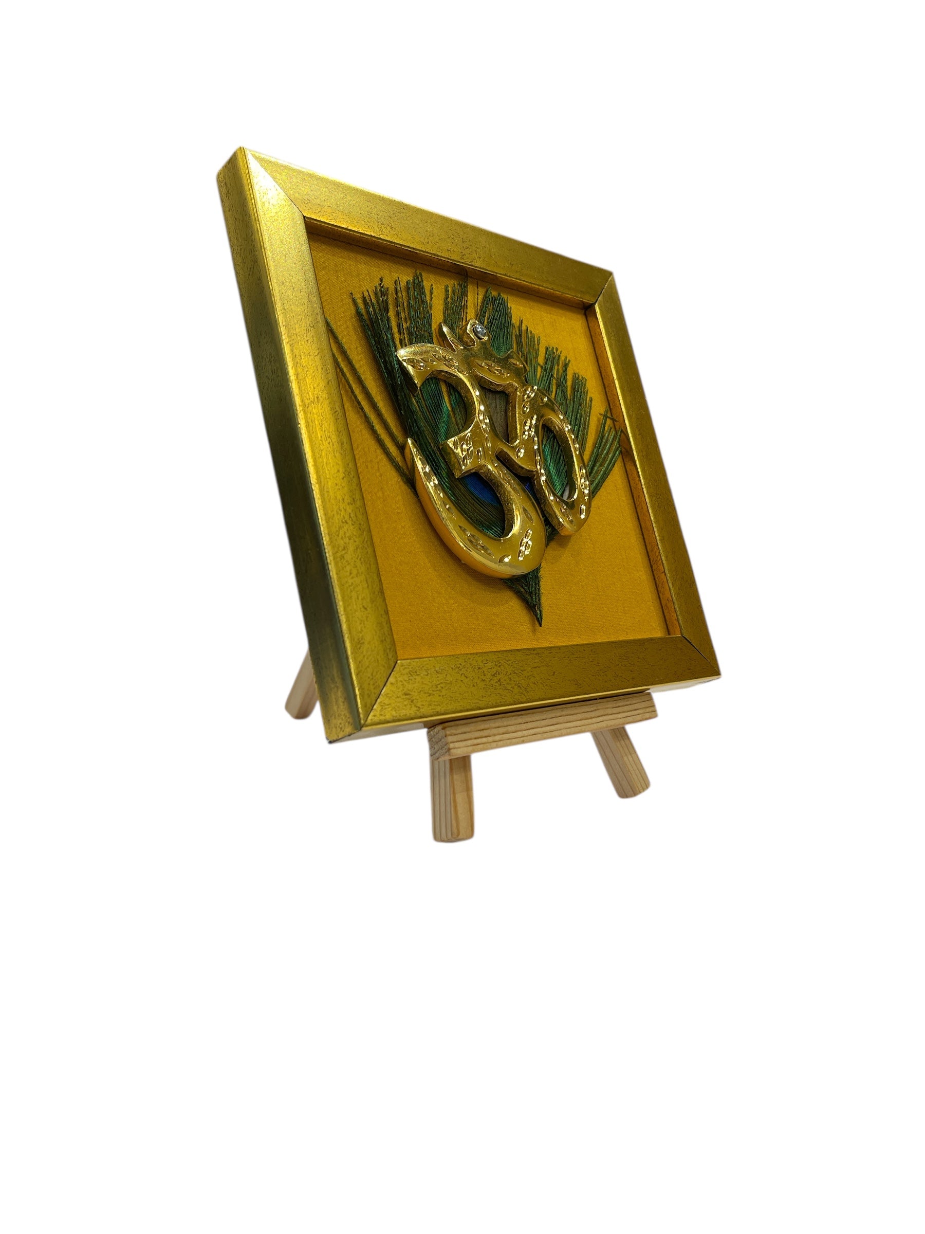 Brass Om on Peacock Feather & Yellow Silk with display stand