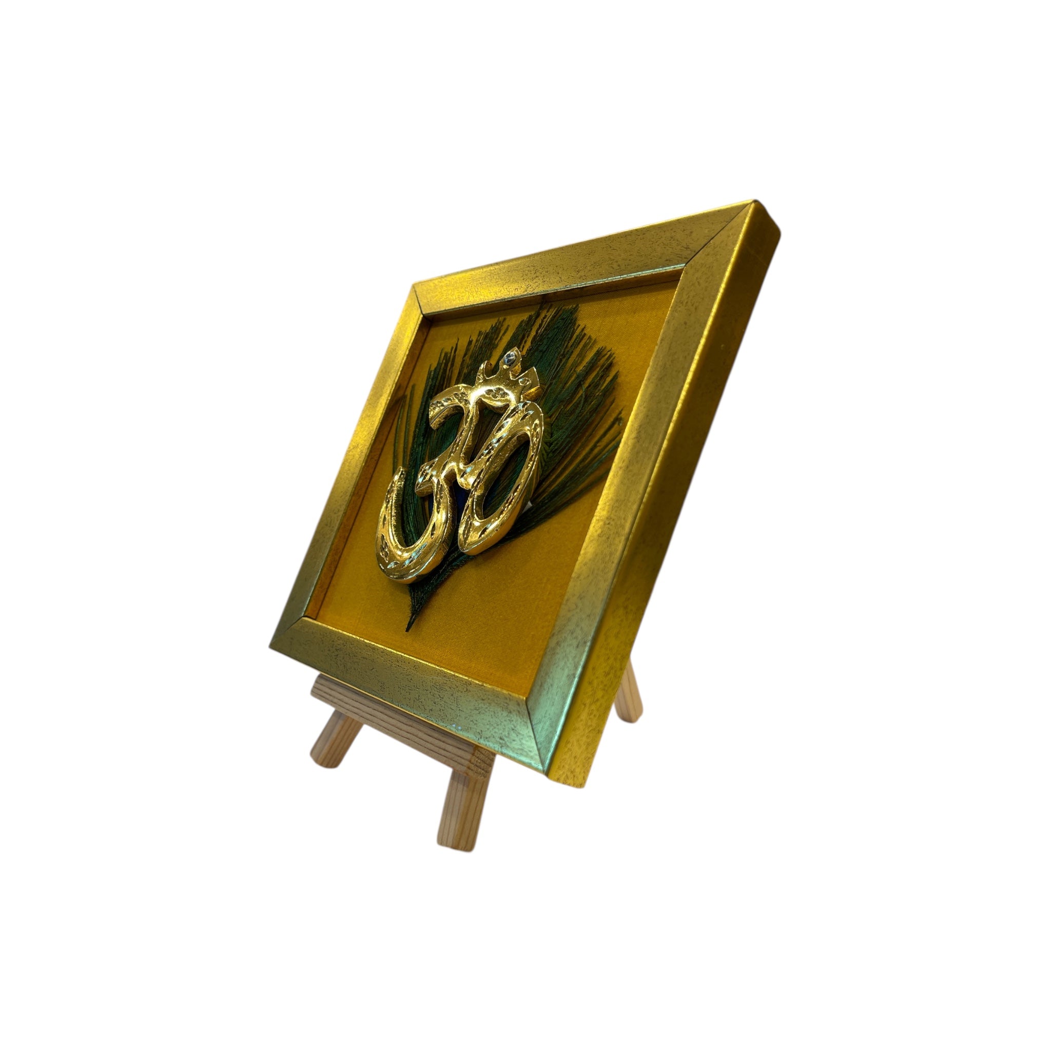 Brass Om on Peacock Feather & Yellow Silk with display stand