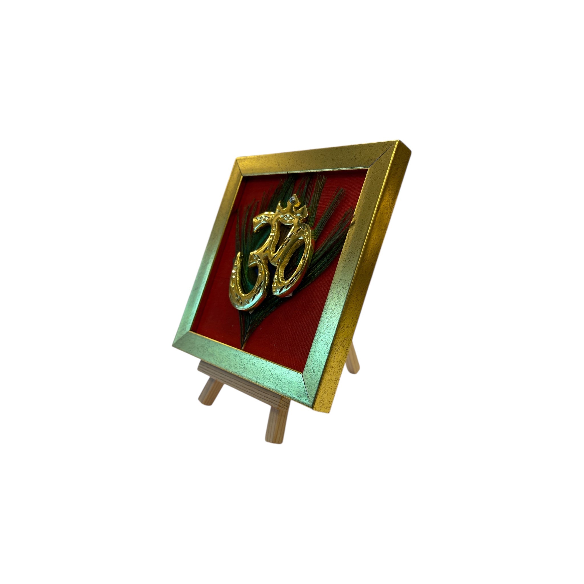 Brass Om on Peacock Feather & Red Silk with display stand