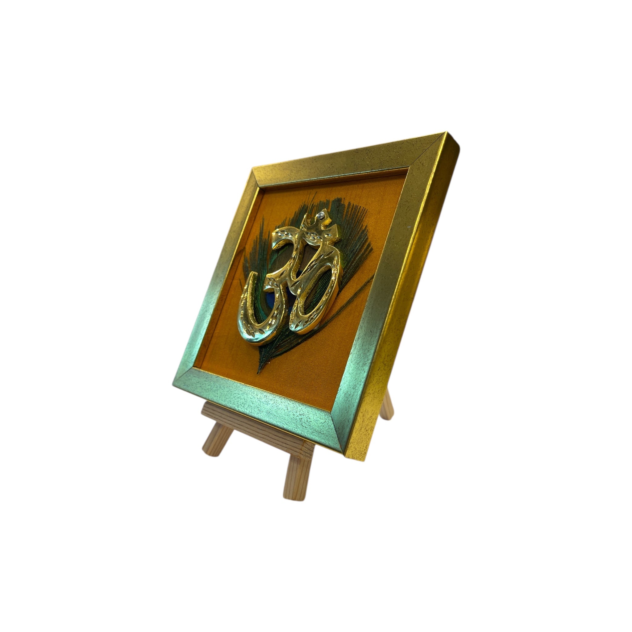 Brass Om on Peacock Feather & Orange Silk with display stand