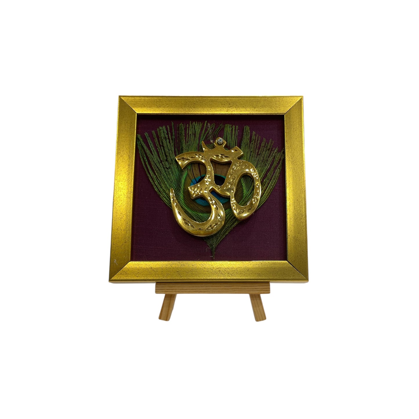 Brass Om on Peacock Feather & Violet Silk with display stand