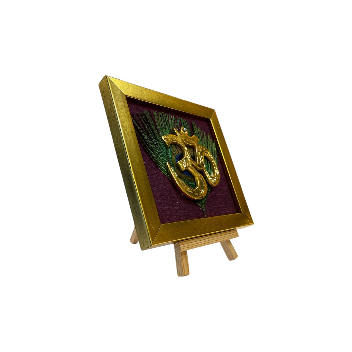 Brass Om on Peacock Feather & Violet Silk with display stand