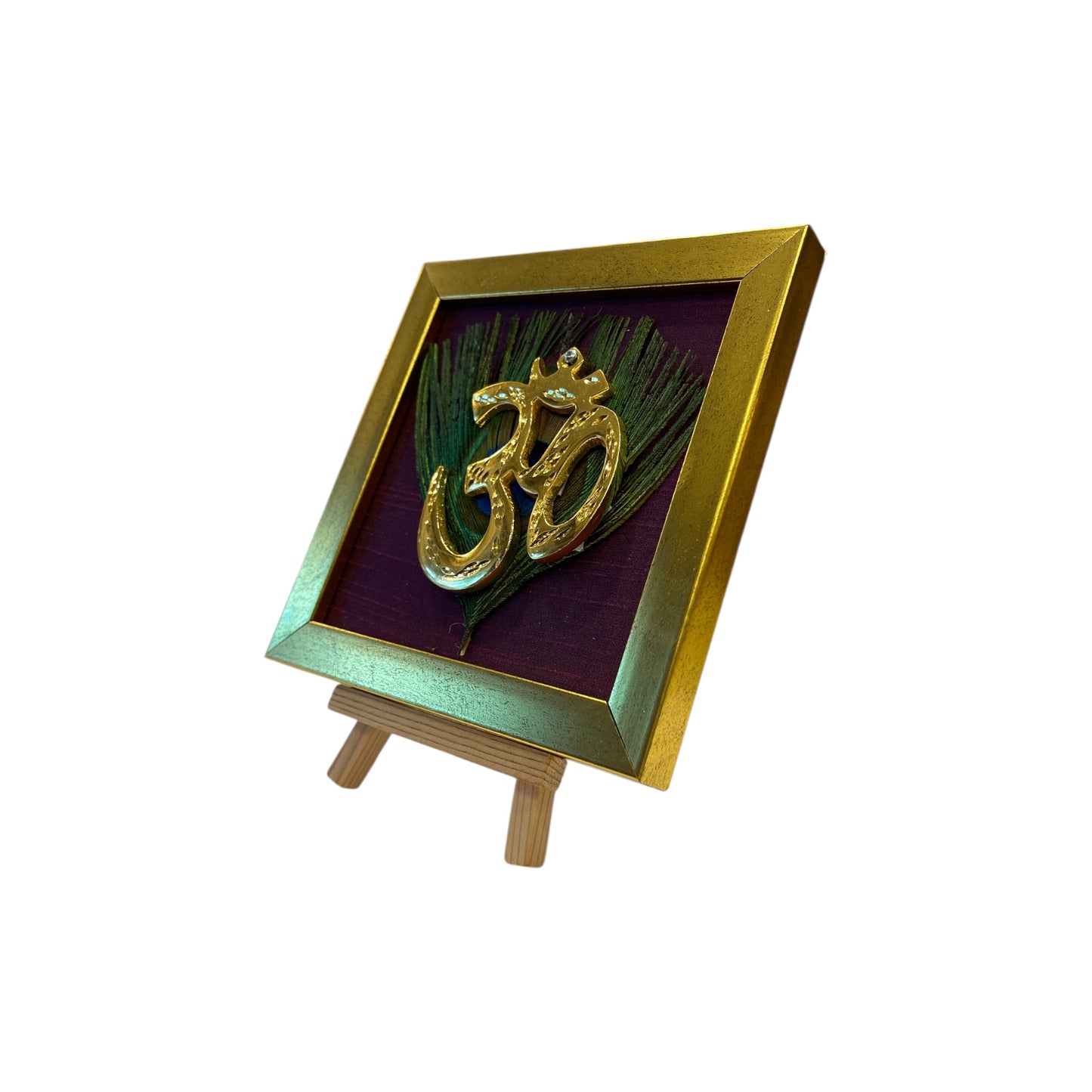 Brass Om on Peacock Feather & Violet Silk with display stand
