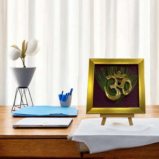 Brass Om on Peacock Feather & Violet Silk with display stand