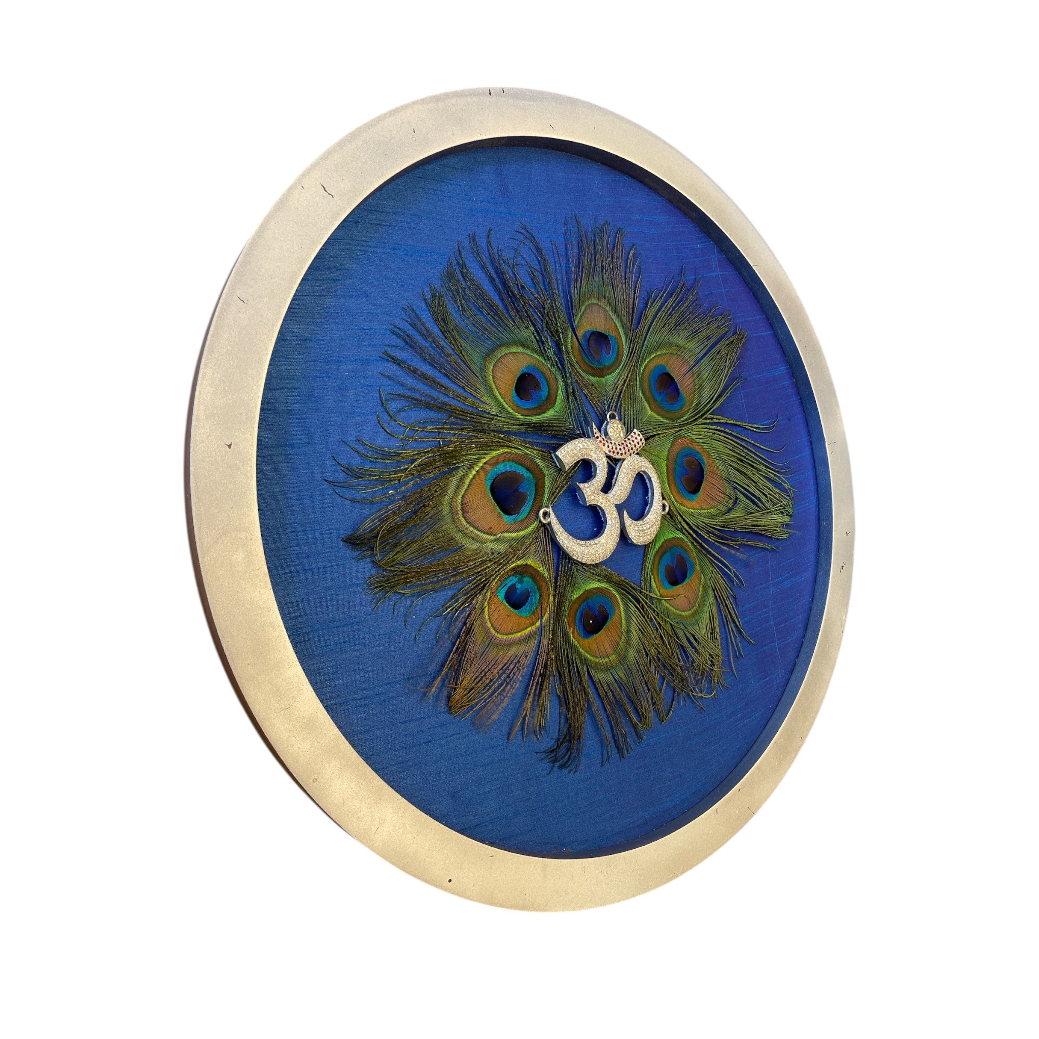 Silver Om with stone on Blue Silk in silver circular frame with Certificate