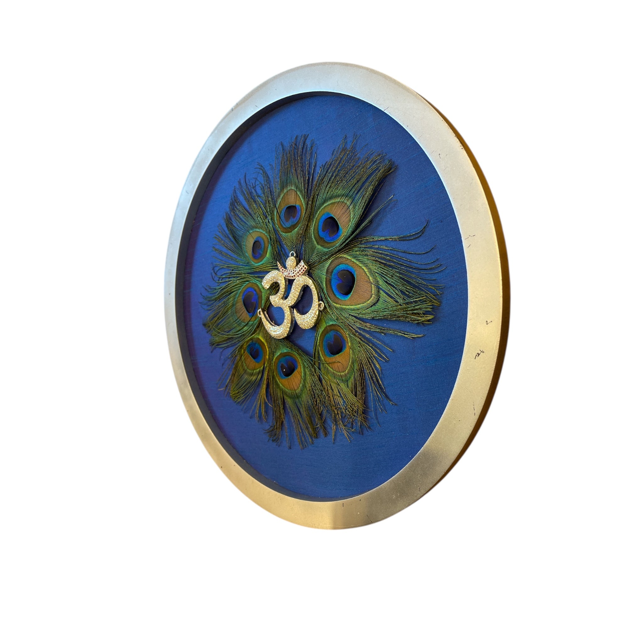 Silver Om with stone on Blue Silk in silver circular frame with Certificate