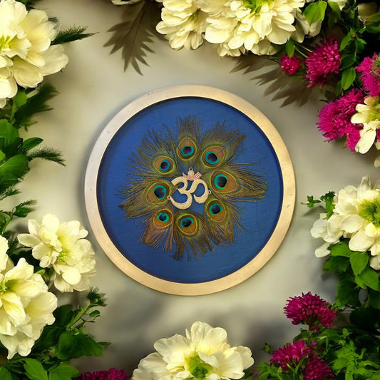 Silver Om with stone on Blue Silk in silver circular frame with Certificate