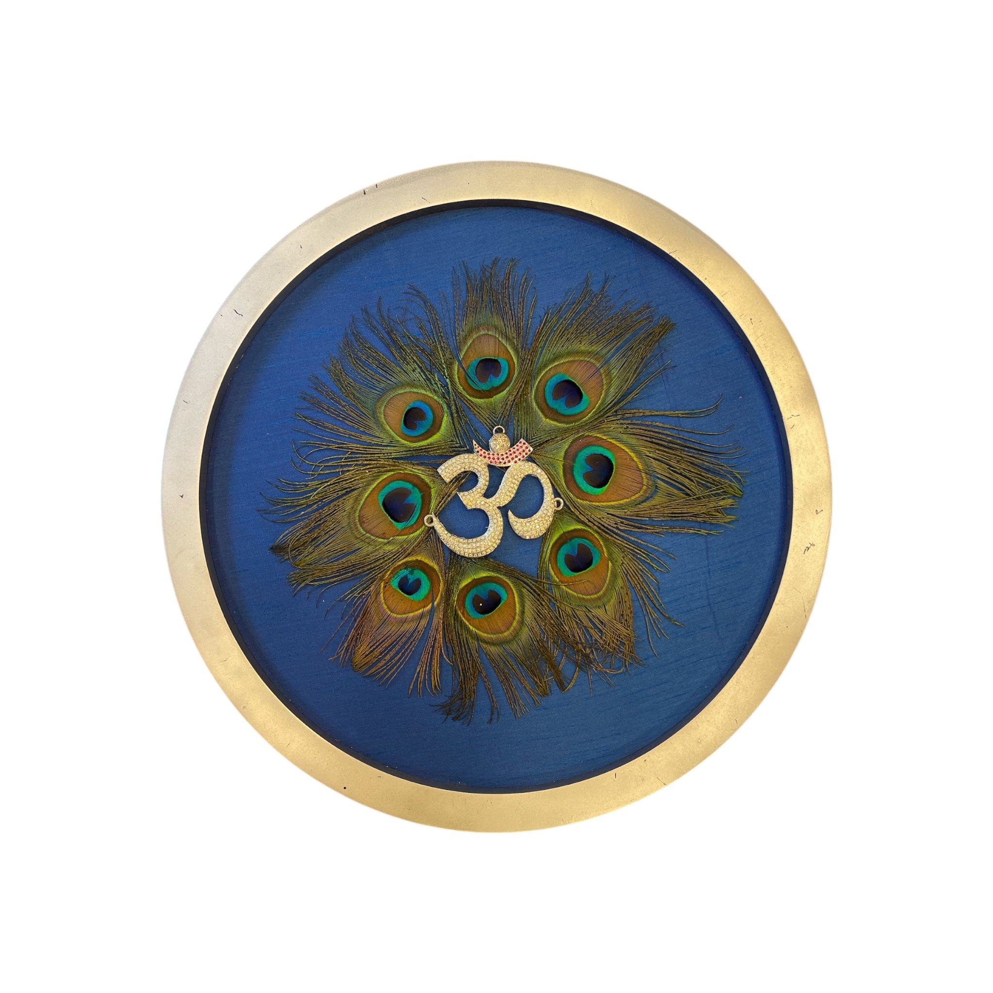 Silver Om with stone on Blue Silk in silver circular frame with Certificate