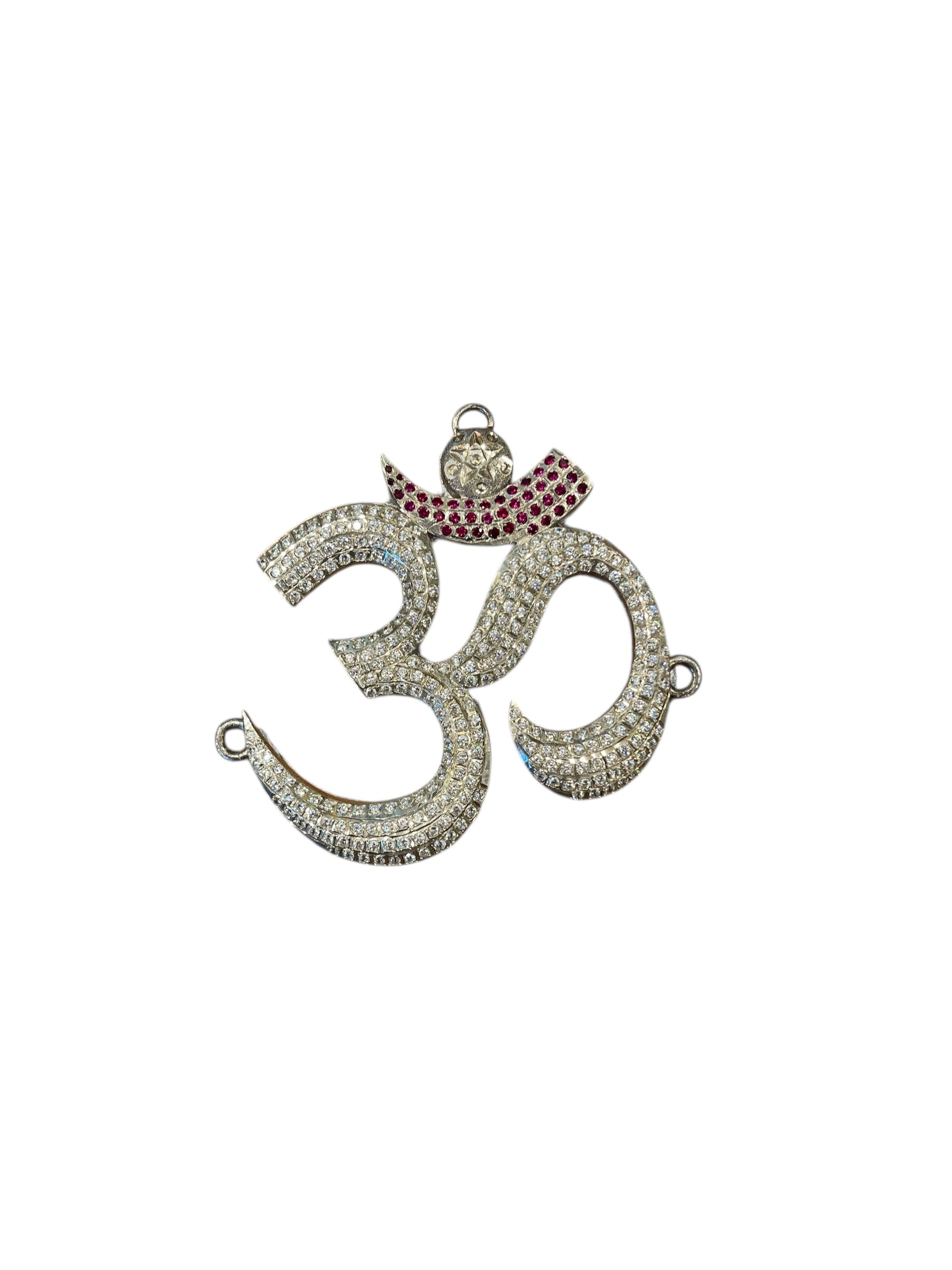 Silver Om with stone on Blue Silk in silver circular frame with Certificate