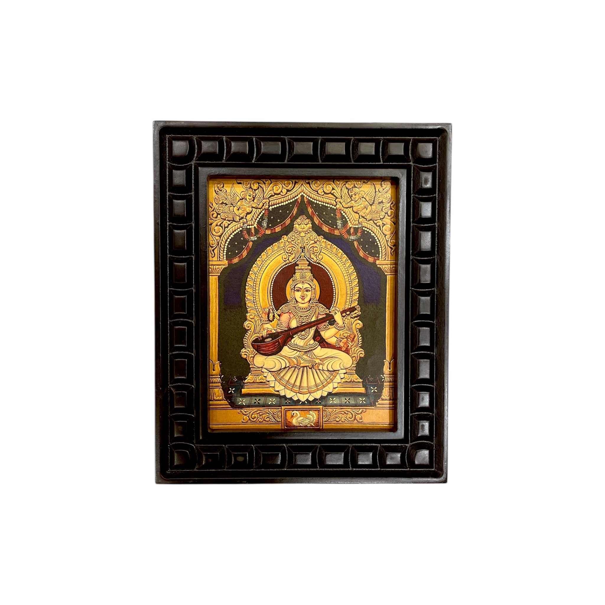 Goddess Saraswati Gold Leafed Art With Wooden Frame
