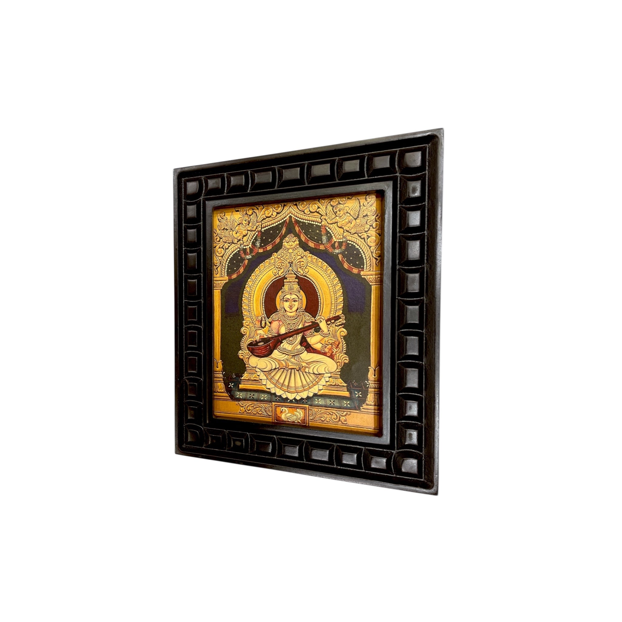 Goddess Saraswati Gold Leafed Art With Wooden Frame