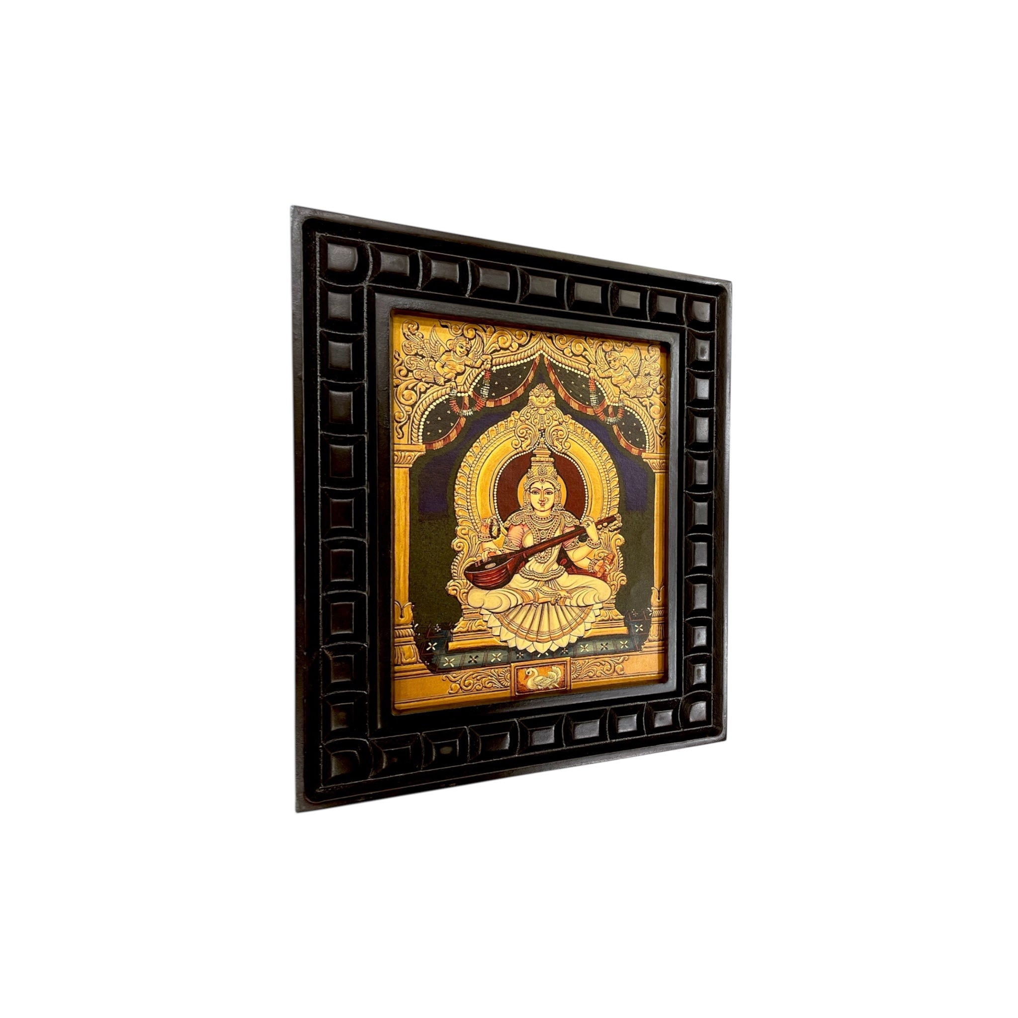 Goddess Saraswati Gold Leafed Art With Wooden Frame