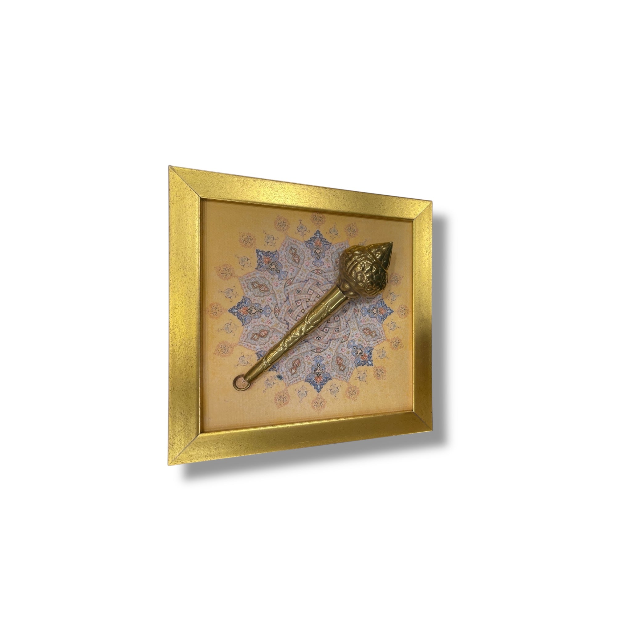 Brass Hanuman Gada with Mandala Art | Cream Golden Resin Frame