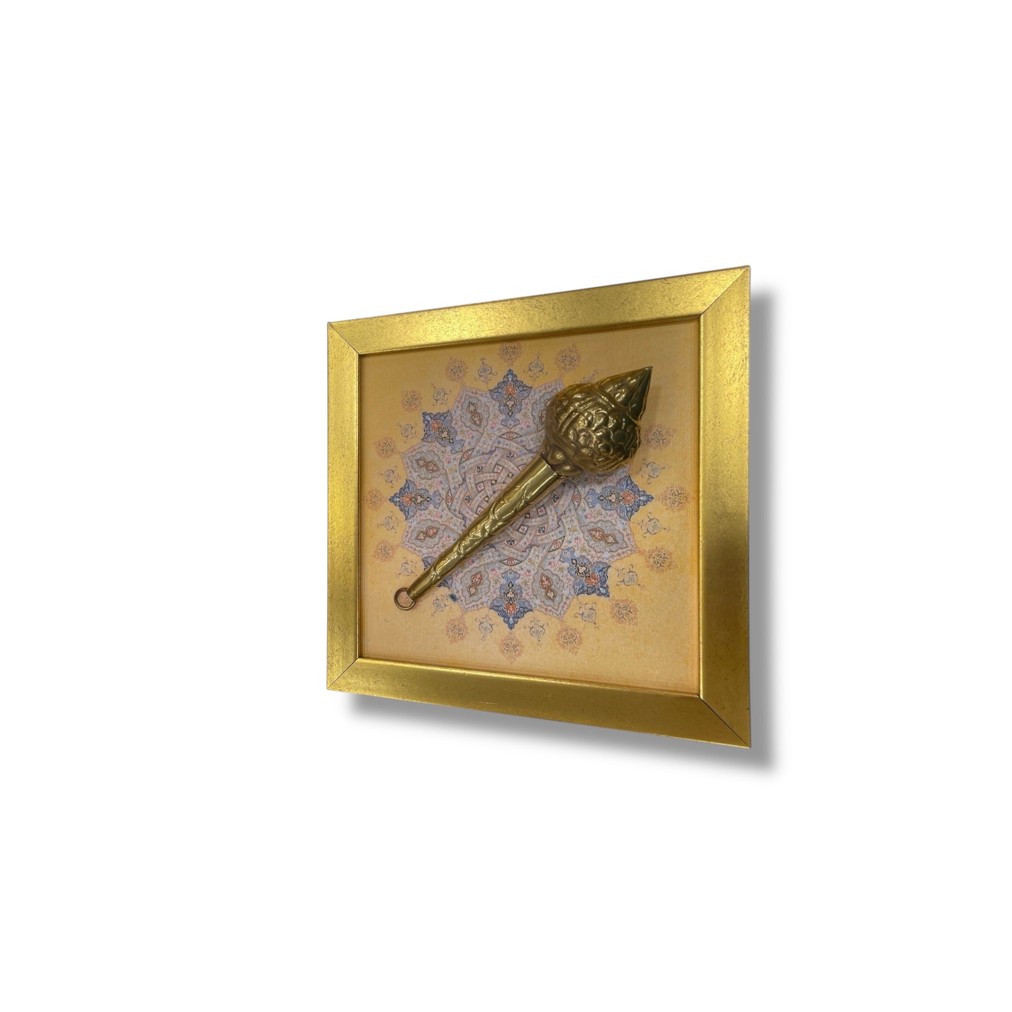 Brass Hanuman Gada with Mandala Art | Cream Golden Resin Frame