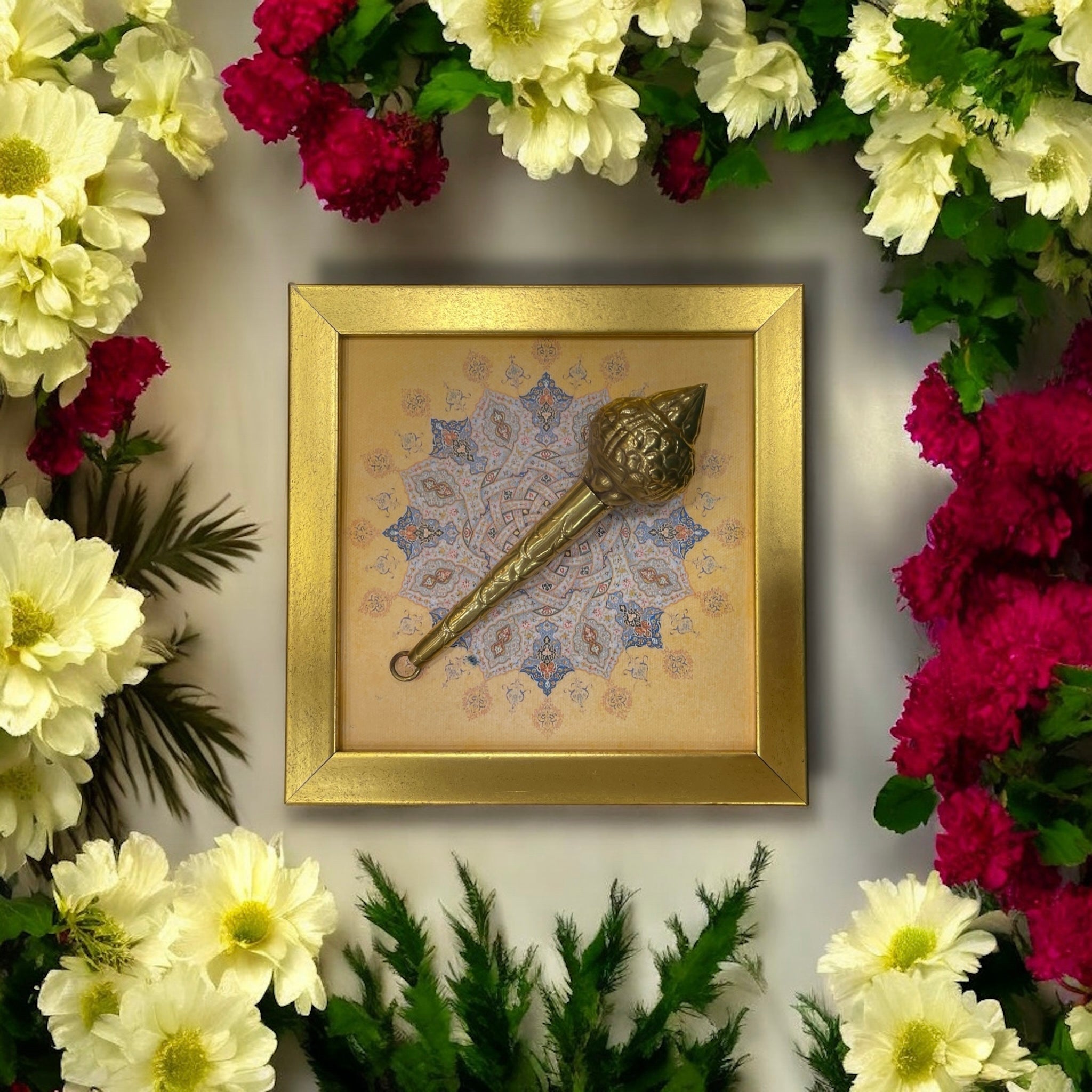 Brass Hanuman Gada with Mandala Art | Cream Golden Resin Frame