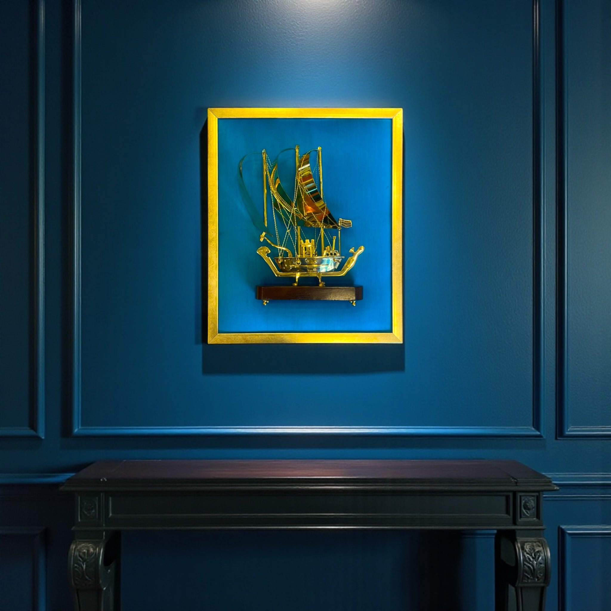 Brass Ship with Blue Silk in Gold Frame