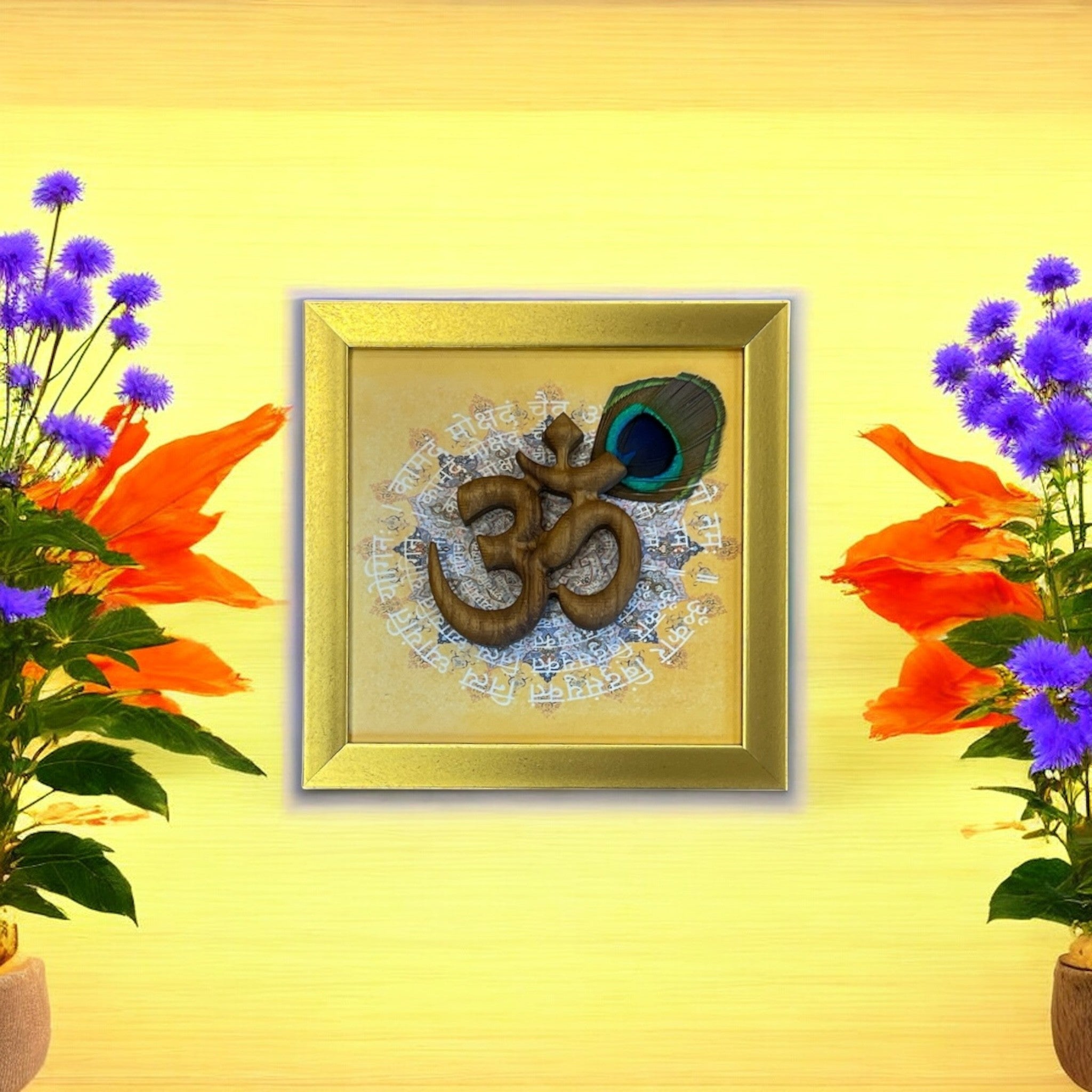 Teak Wood Om with Omkara Mantra | Cream Golden Resin Frame
