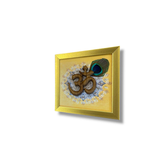 Teak Wood Om with Omkara Mantra | Cream Golden Resin Frame