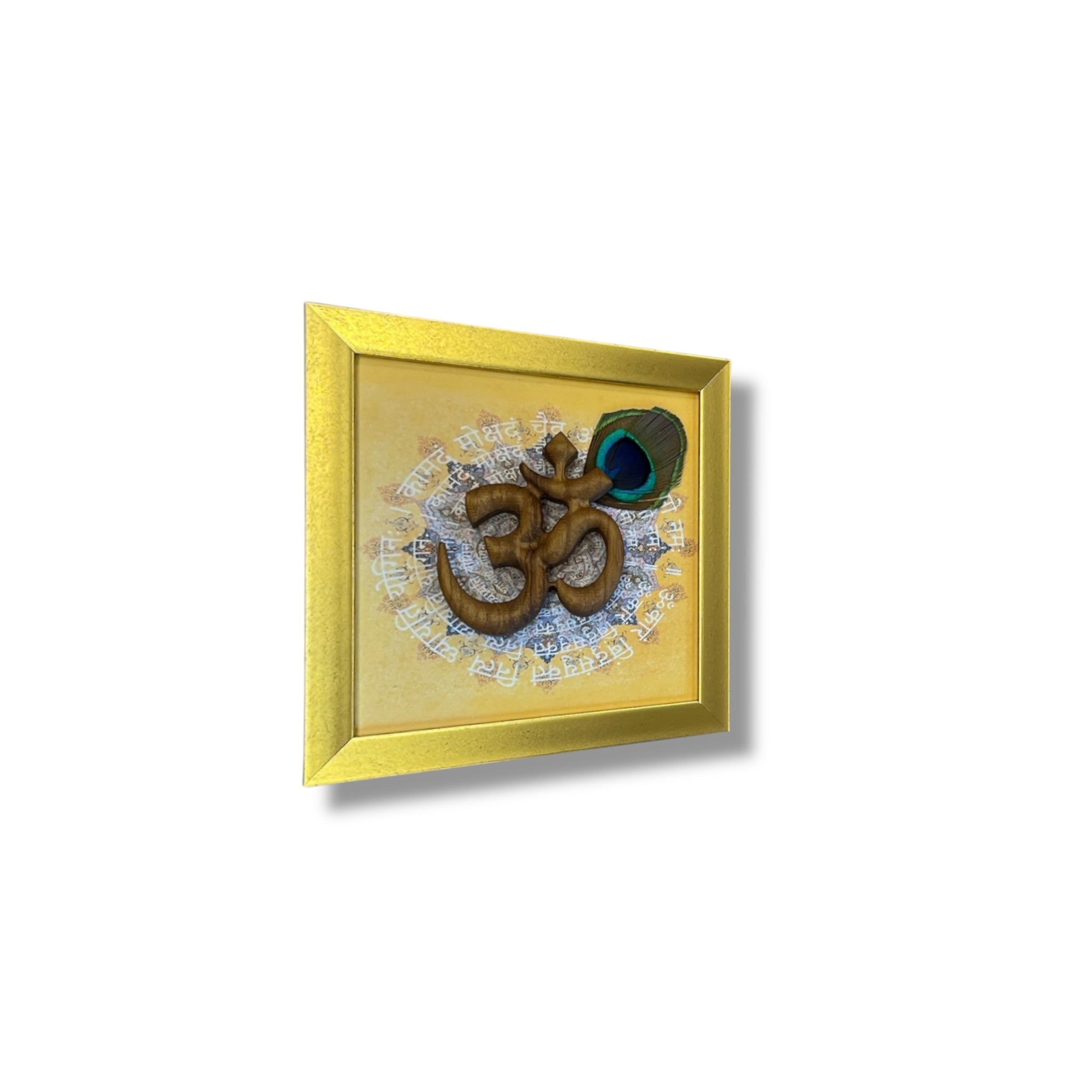 Teak Wood Om with Omkara Mantra | Cream Golden Resin Frame