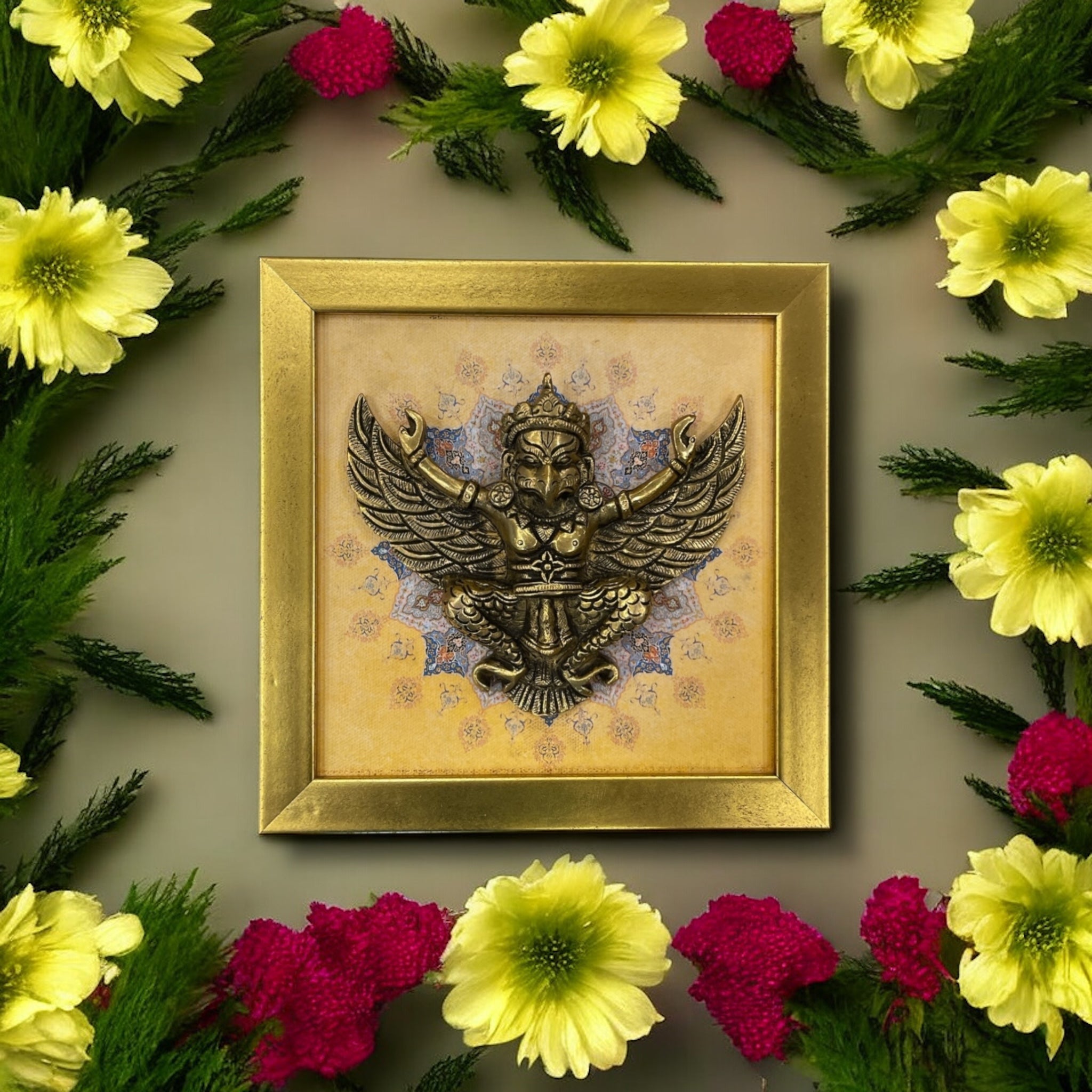 Brass Garud with Mandala Art | Cream Golden Resin Frame