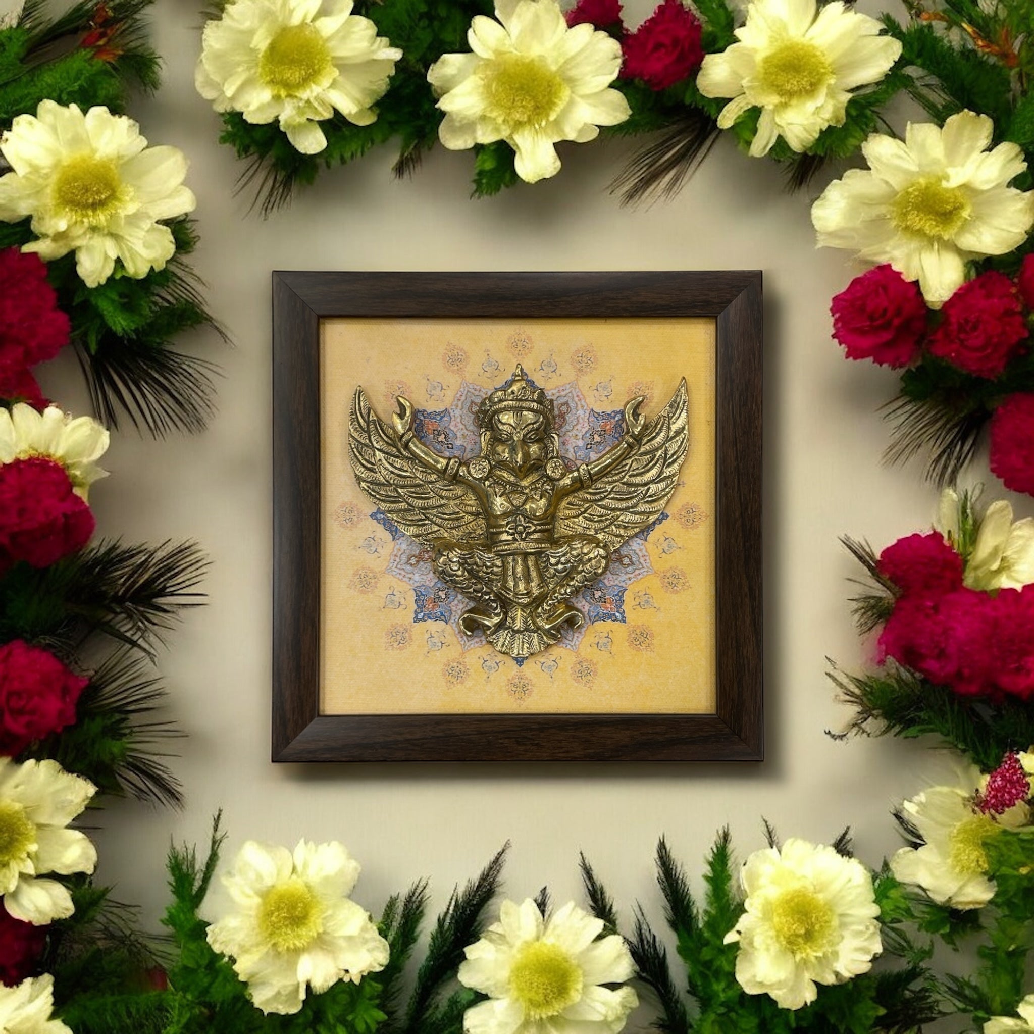 Brass Garud with Mandala Art | Cream Brown Resin Frame