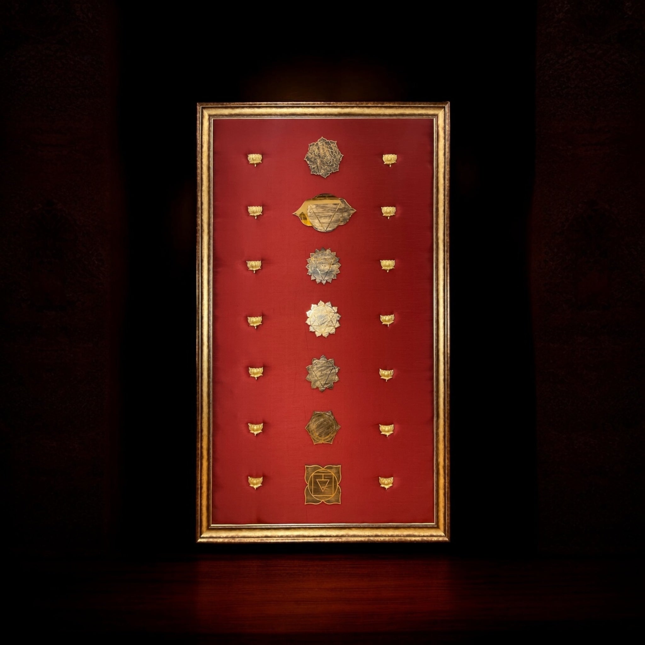 7 Chakra Wall Art | Sacred Energy Symbols in Gold on Silk | Framed Spiritual Décor