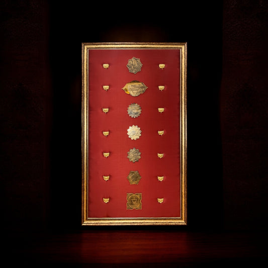 7 Chakra Wall Art | Sacred Energy Symbols in Gold on Silk | Framed Spiritual Décor