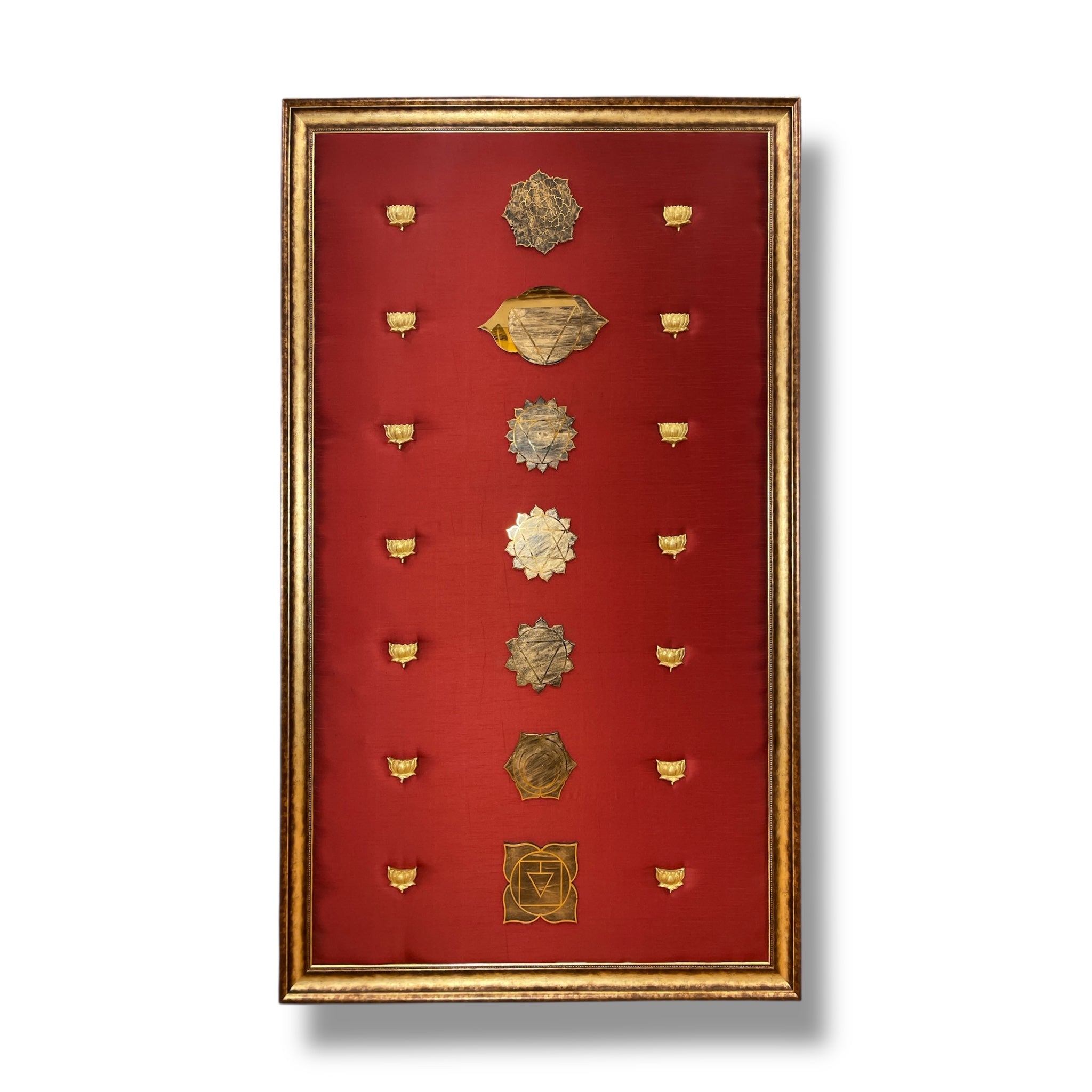 7 Chakra Wall Art | Sacred Energy Symbols in Gold on Silk | Framed Spiritual Décor