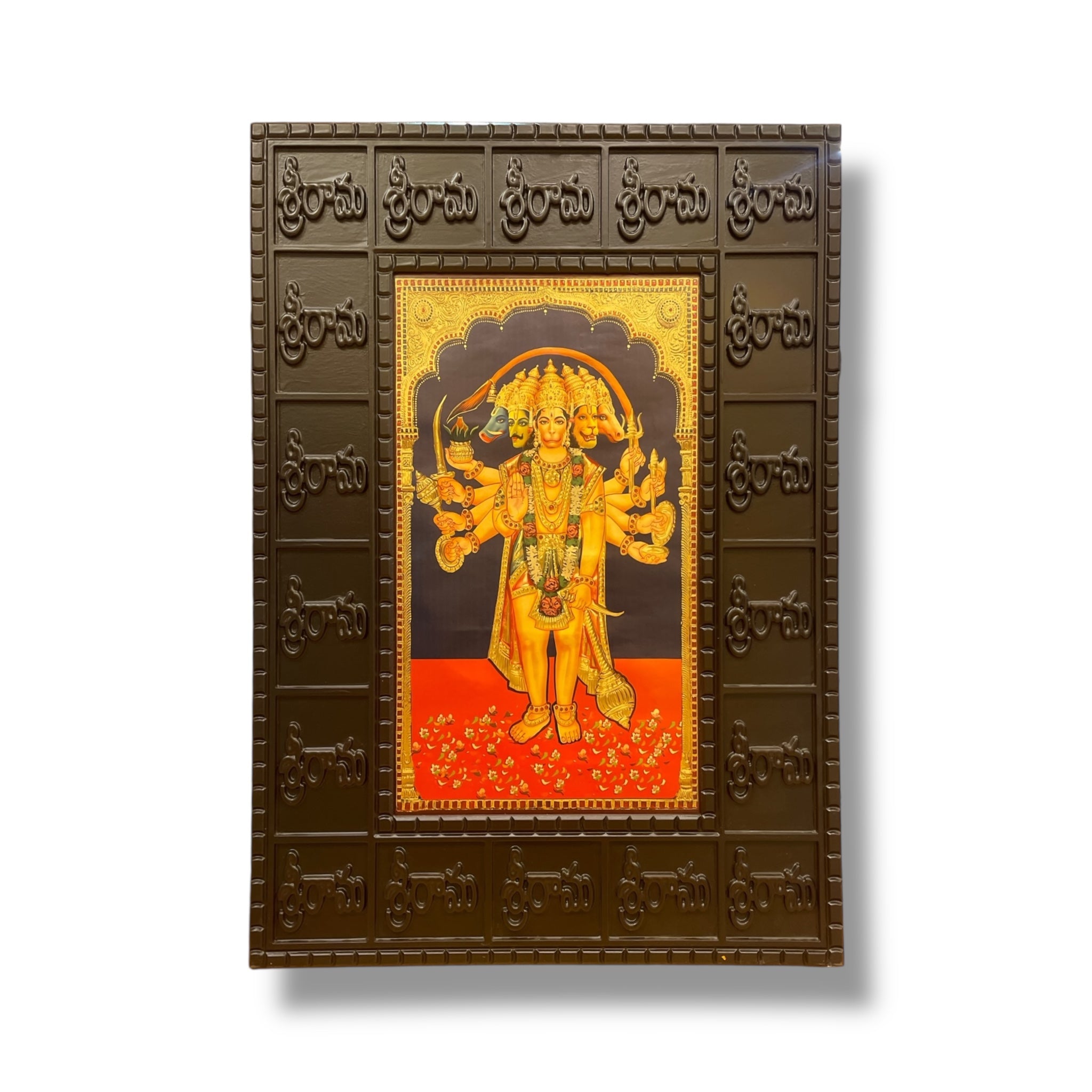 Panchamukhi Hanuman Gold Leafed art within Customized Wooden frame