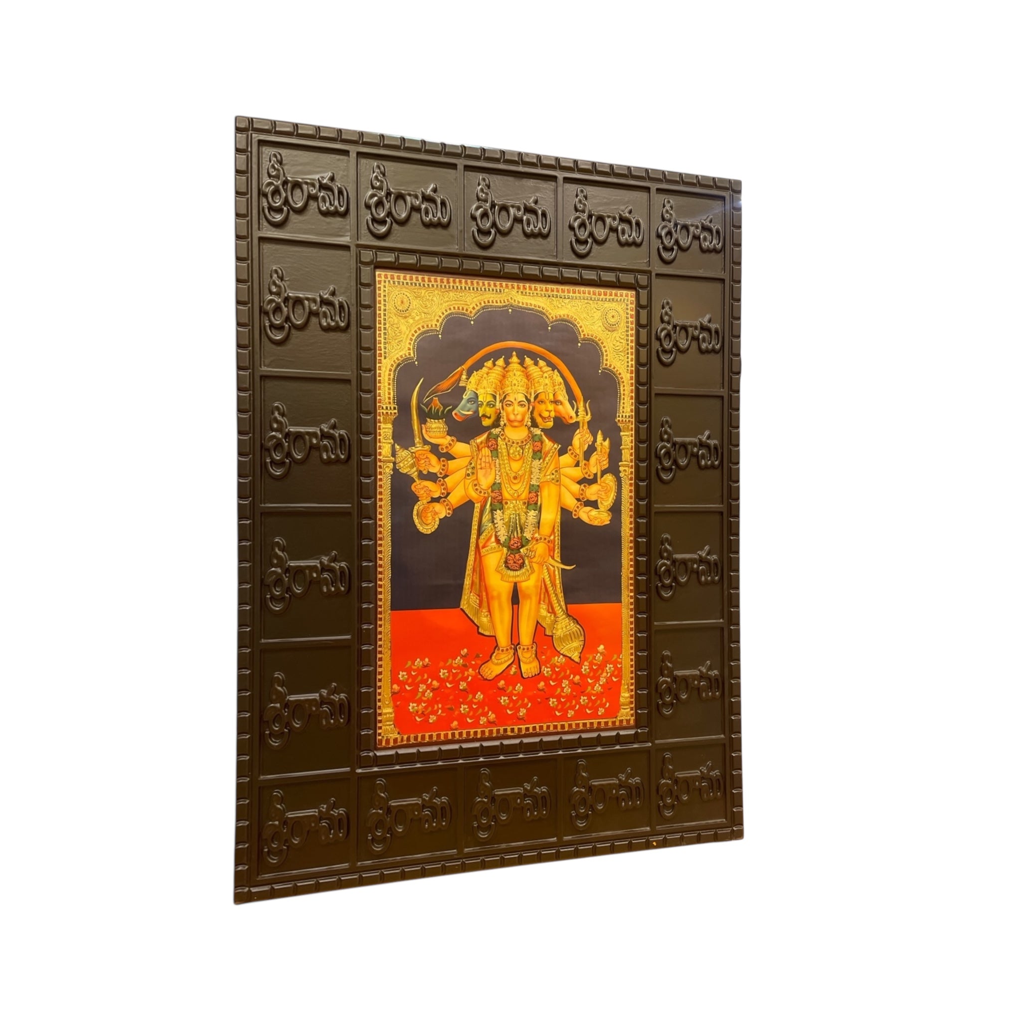 Panchamukhi Hanuman Gold Leafed art within Customized Wooden frame