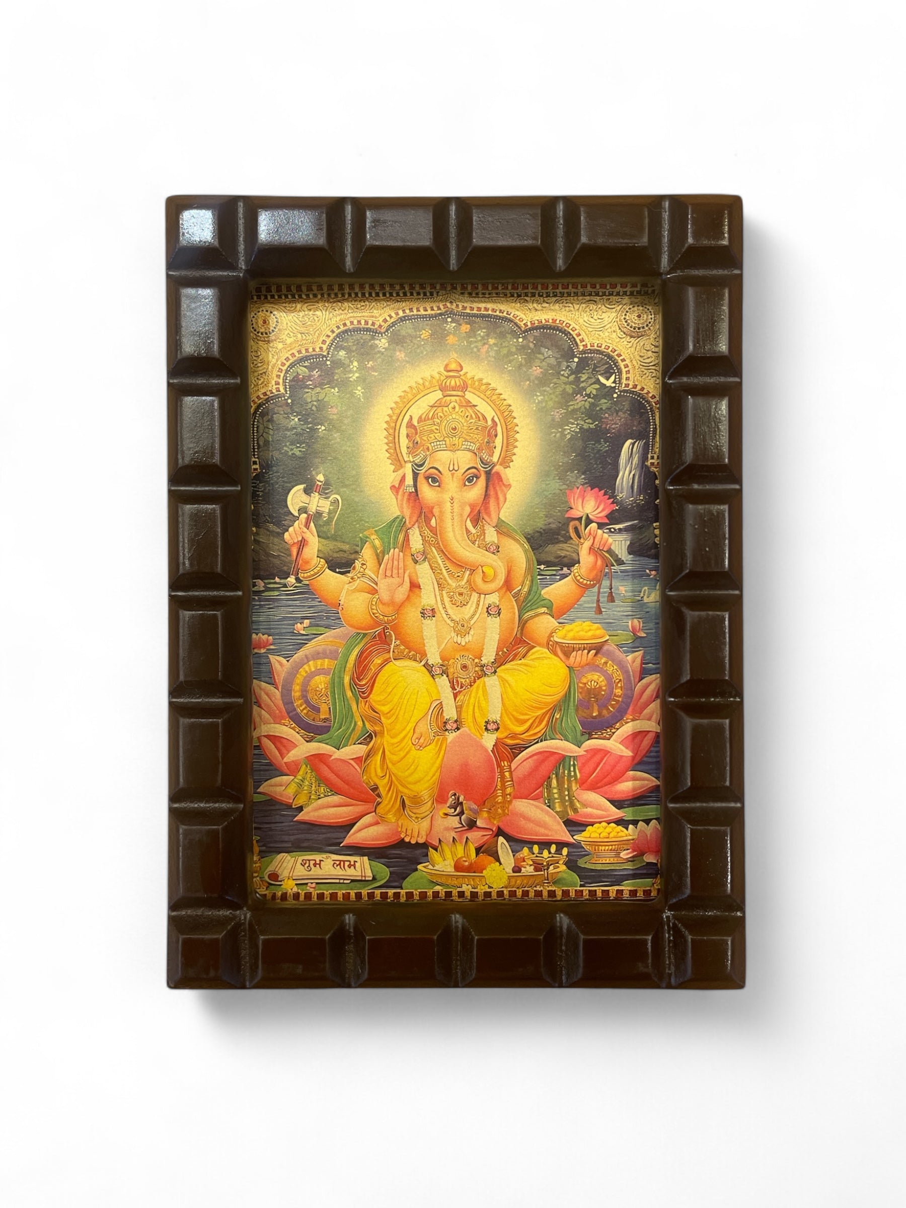Shri Ganesha -3 Gold Leafed Artwork with Polished Engineered Wooden Frame