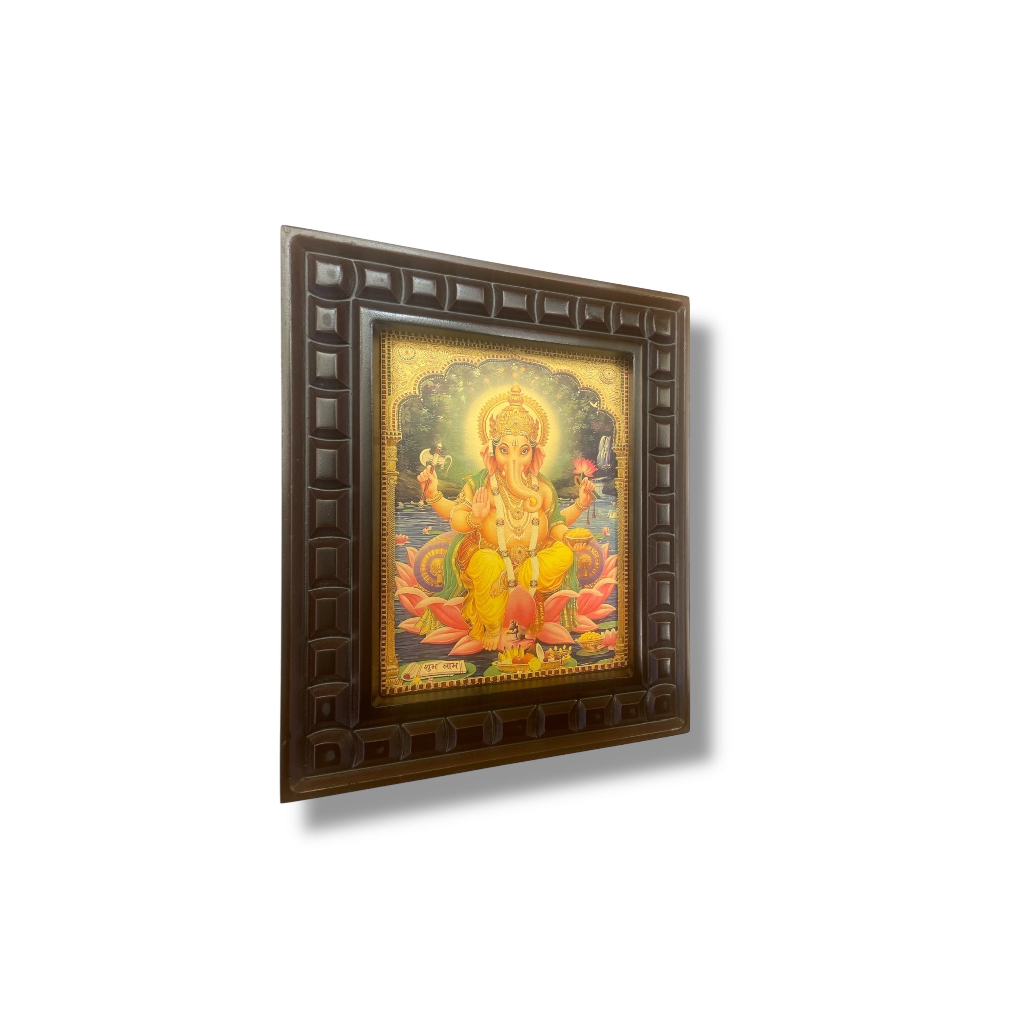 Shri Ganesha -3 Gold Leafed Artwork with Polished Engineered Wooden Frame
