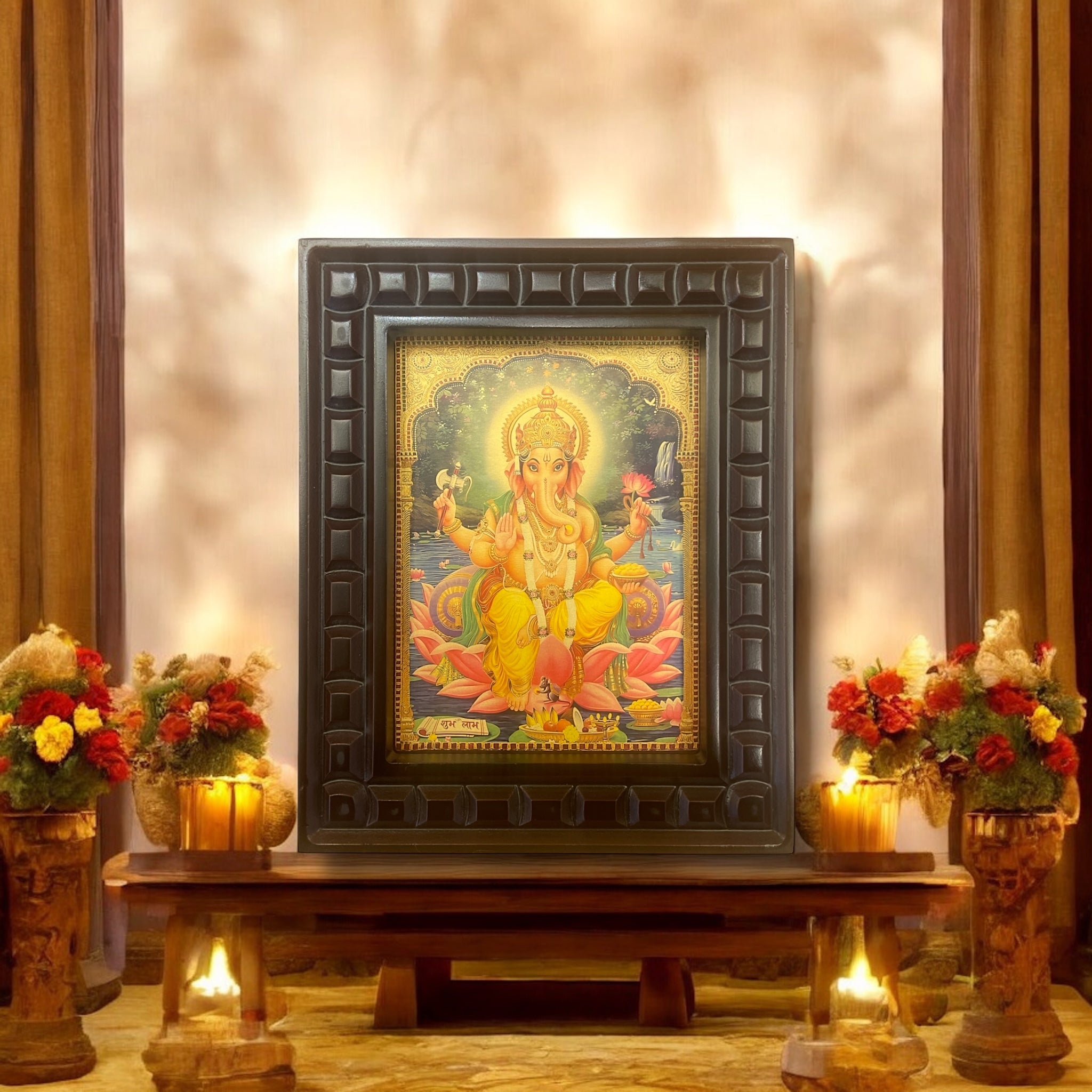 Shree Ganesha - 3 Gold Leafed Art With Wooden Frame