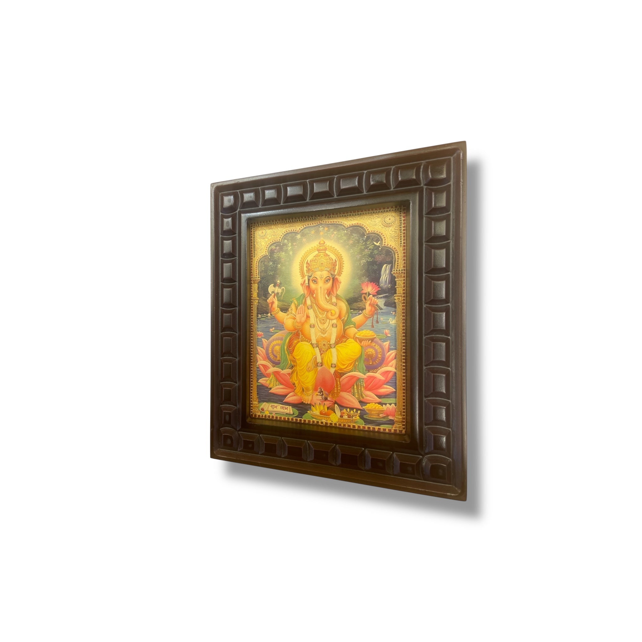Shri Ganesha -3 Gold Leafed Artwork with Polished Engineered Wooden Frame