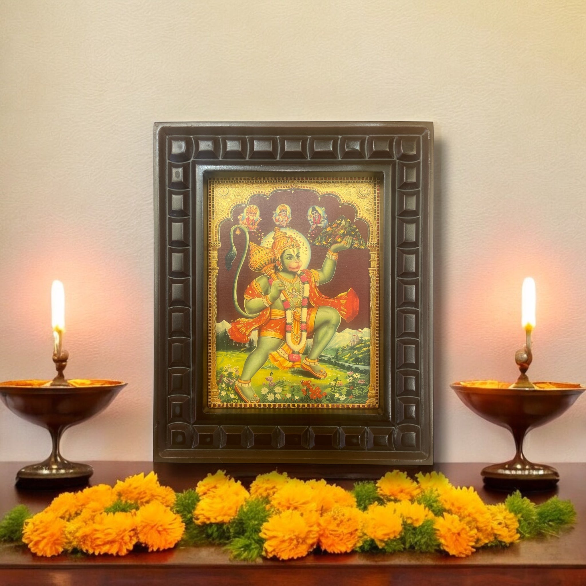 Hanuman - 3 Gold Foiled Art within Wooden Frame
