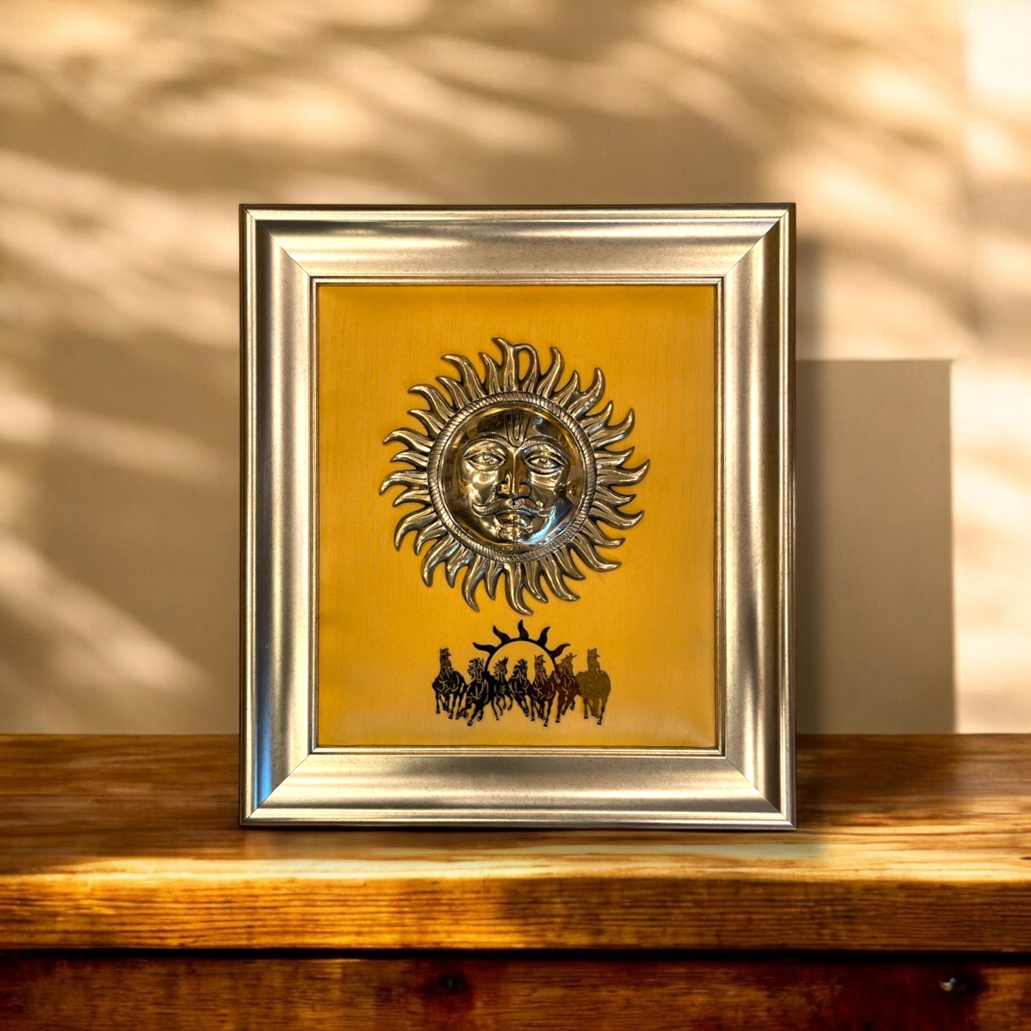 Brass Sun & 7 Running Horseswith Golden silk in Moulded frame