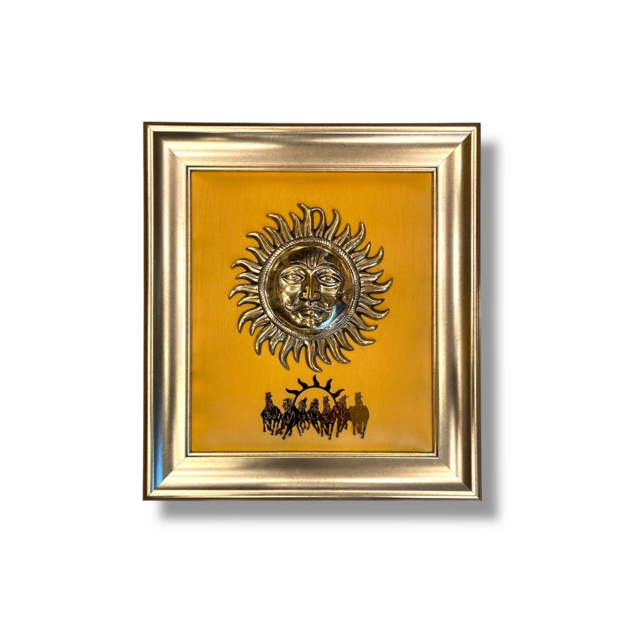 Brass Sun & 7 Running Horseswith Golden silk in Moulded frame